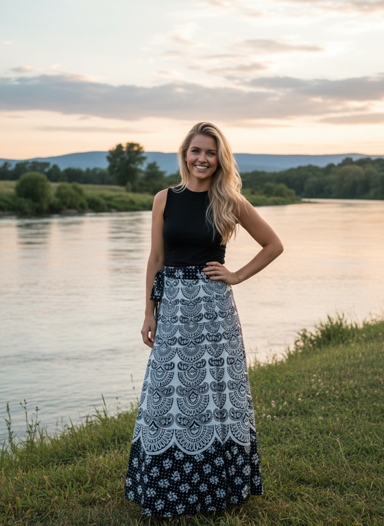Women’s Black & White Wrap Skirt – Long A-Line Printed Maxi Skirt for Boho Everyday Style One size
