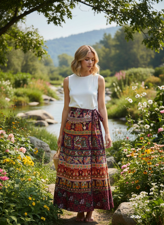 Women’s Toasty Mauve Animal Print Cotton Wrap Skirt – Boho Maxi Wraparound Skirt  One size