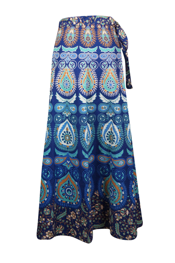 Women Wraparound Paisley Skirt, Sea Blue Boho Wrap Skirts, One Size