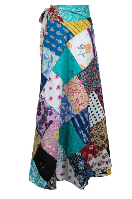 Women’s Blue Multicolour Floral Wrap Skirt – Cotton Patchwork Bohemian Maxi Skirt  One-Size