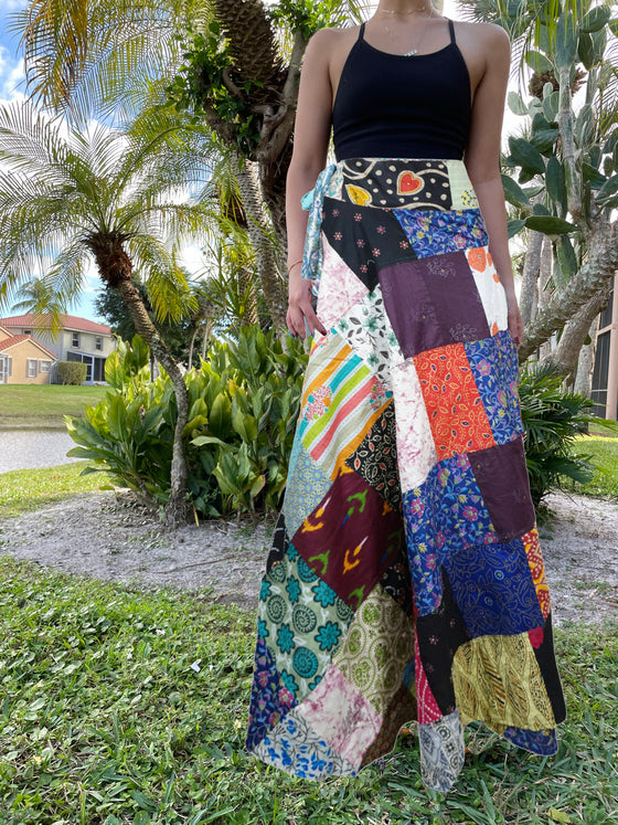 "Bohemian Mixed Colors Floral Patchwork Cotton Long Wrap Skirt – Stylish Women's Wear One Size