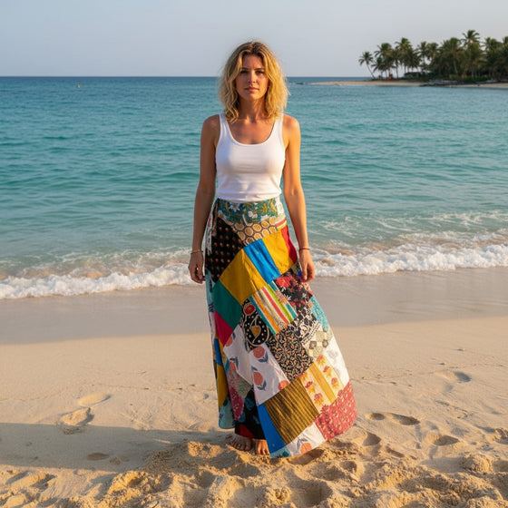 Sunshine Patchwork Wrap Skirt – Mixed Cotton Summer Boho Wrap Around Skirt