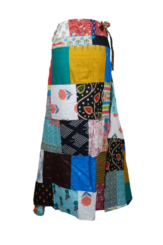 Sunshine Patchwork Wrap Skirt – Mixed Cotton Summer Boho Wrap Around Skirt