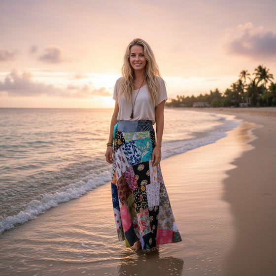 Black Floral Patchwork Hippie Skirt – Cotton Long Boho Wrap Skirt for Summer