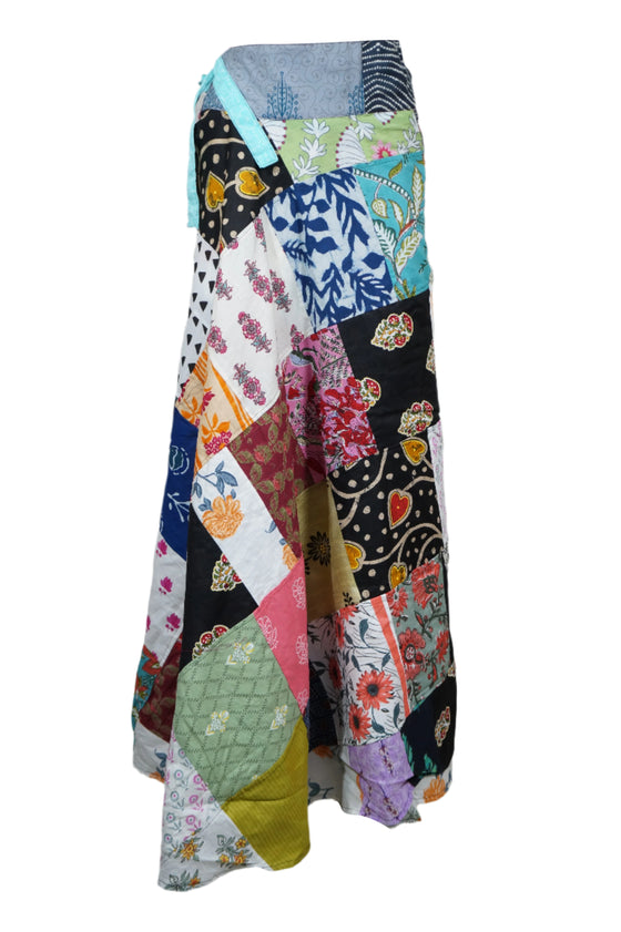 Black Floral Patchwork Hippie Skirt – Cotton Long Boho Wrap Skirt for Summer
