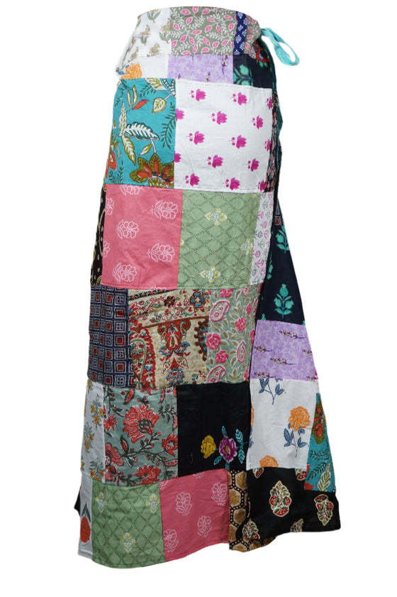 Rose Red Floral Patchwork Hippie Skirt – Cotton Long Boho Wrap Around Skirt