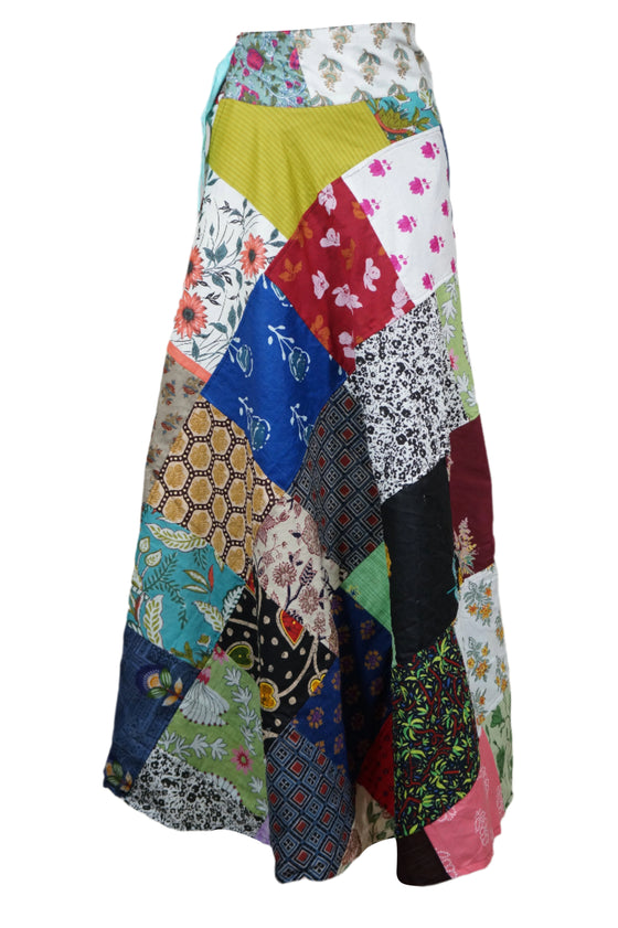 Hippie Patchwork Cotton Wrap Skirt – Multi-Coloured Long Boho Wrap Around Skirt