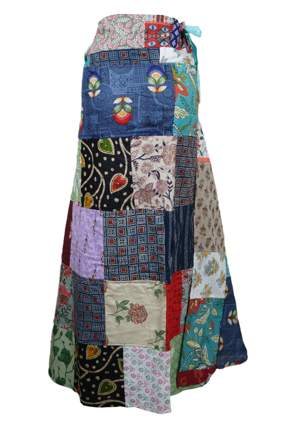 Hippie Patchwork Cotton Wrap Skirt – Multi-Coloured Long Boho Wrap Around Skirt