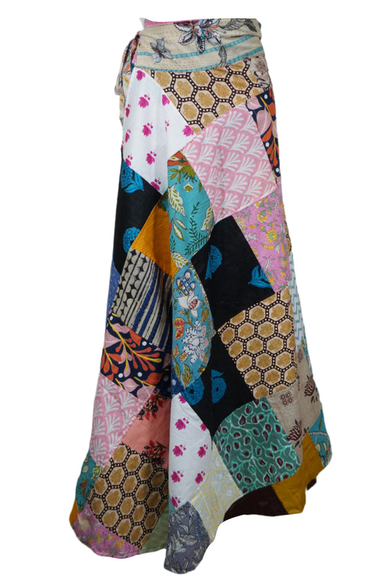 Pink Floral Patchwork Wrap Skirt – Hippie Cotton Long Boho Wrap Around Skirt