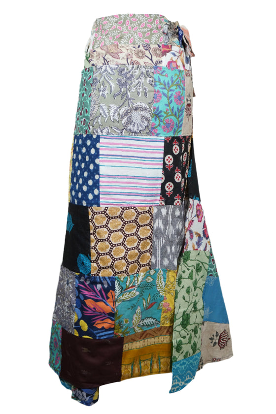 Sky Blue Boho Patchwork Wrap Skirt – Women’s Summer Cotton Wrap Around Skirt