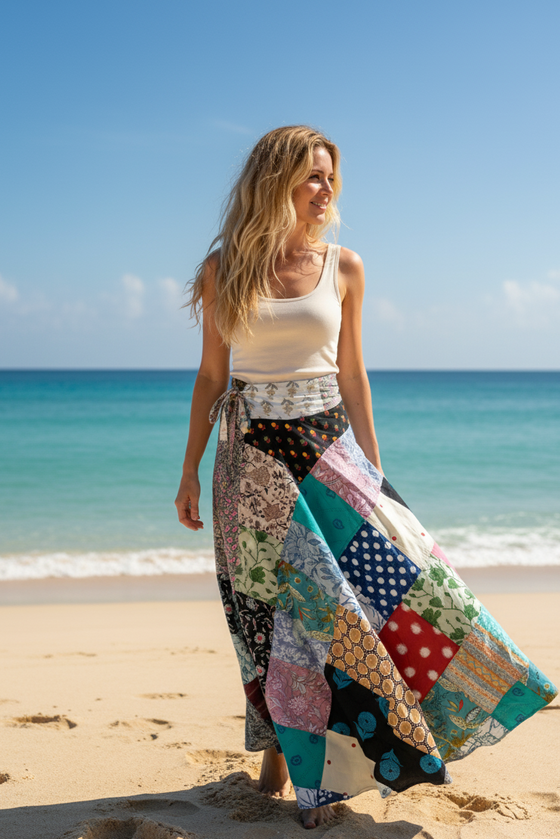 Colorful Blue Cotton Patchwork Skirt – Unique Boho Summer Maxi Skirt 