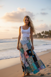 Sea Blue Floral Patchwork Hippie Skirt – Women’s Boho Cotton Beach Cover-Up