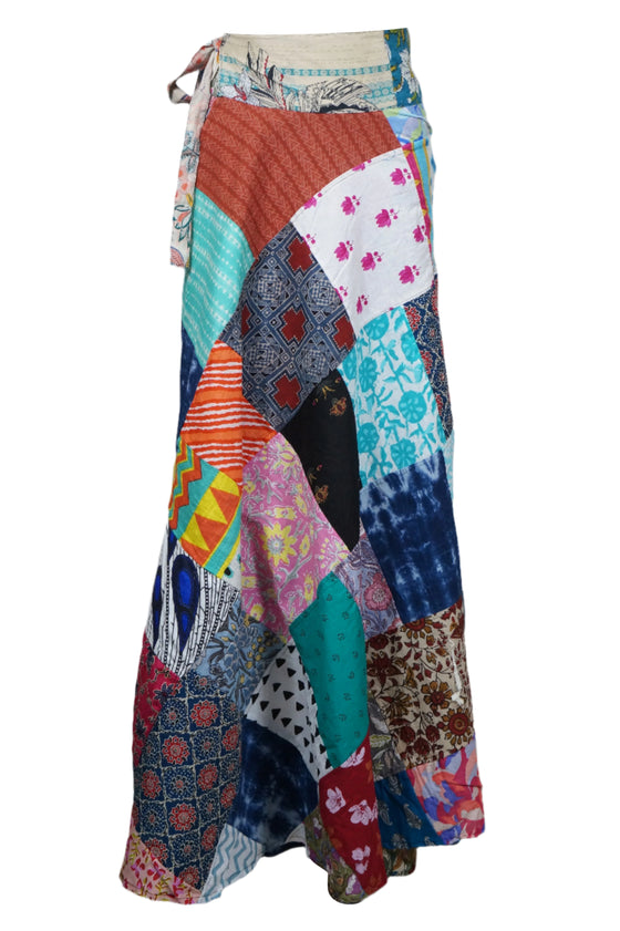 Navy Blue Boho Floral Patchwork Skirt – Summer Beach Cover-Up Wrap Skirt