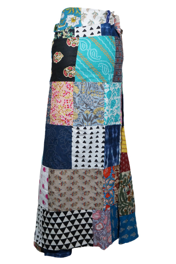 Navy Blue Boho Floral Patchwork Skirt – Summer Beach Cover-Up Wrap Skirt