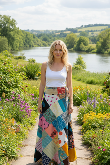  Sky Blue Boho Patchwork Wrap Around Skirt – Hippie Summer Women’s Cotton Skirt