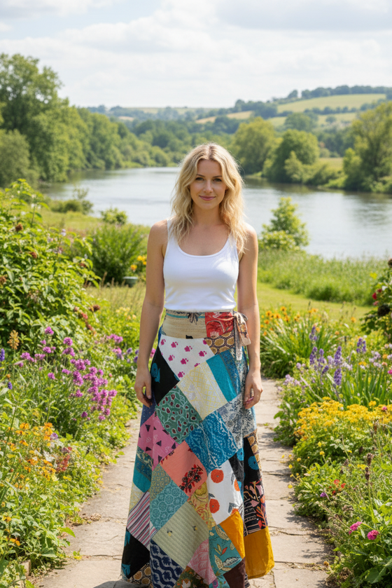 Sky Blue Boho Patchwork Wrap Around Skirt – Hippie Summer Women’s Cotton Skirt