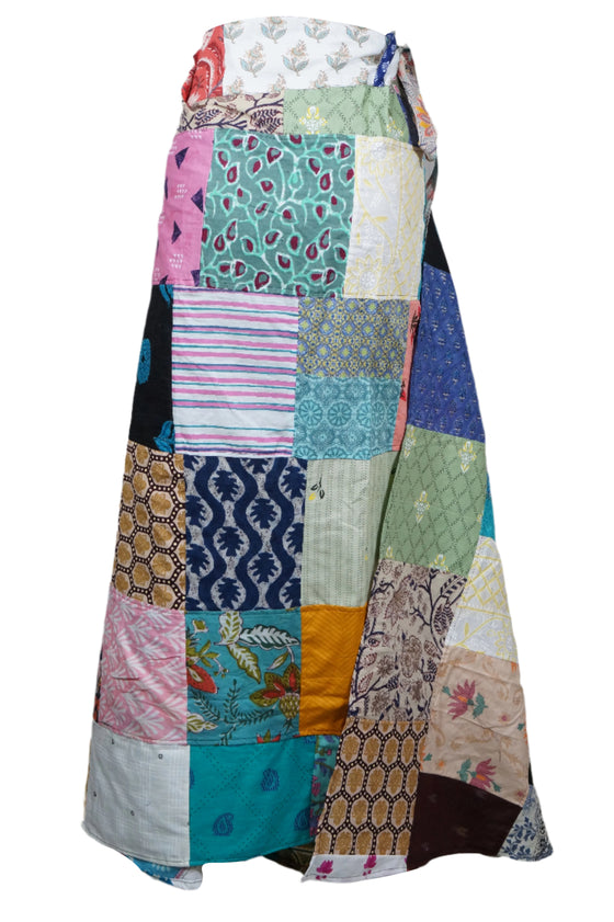 Sky Blue Boho Patchwork Wrap Around Skirt – Hippie Summer Women’s Cotton Skirt