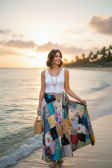  Sea Blue Patchwork Boho Skirt – Unique Cotton Gypsy Wrap Skirt for Summer