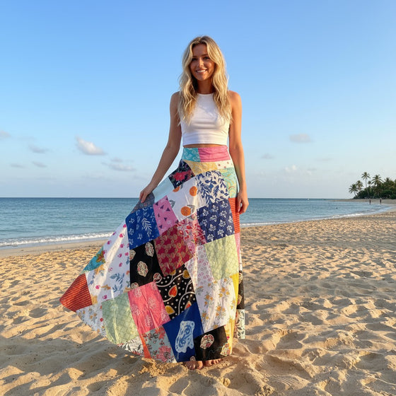 Boho Chic White Patchwork Long Skirt – Flowy Summer Beach Cover-Up for Women