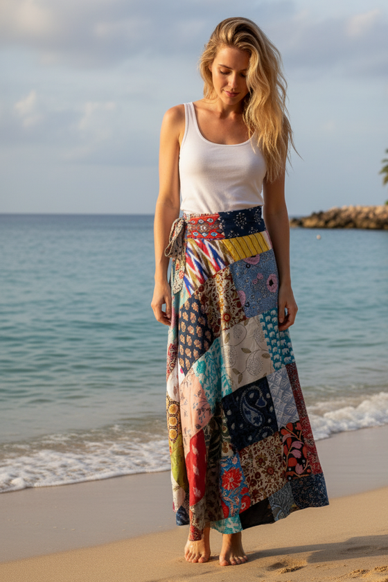 Arctic Blue Bohemian Hippie Cotton Wrap Skirt – Exotic Flowy Boho Skirt for Women