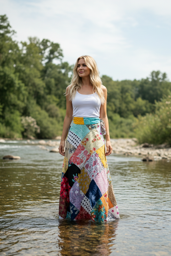 Bohemian Hippie Wrap Skirt in Pink & Multicolor Cotton – Vibrant Flowy Boho Skirt 