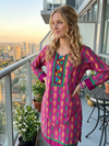 Pink Printed Cotton Tunic Dress | Bohemian Embroidered Kurti for Women SM