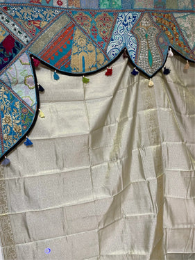Indian Wall Decor Boho Blue Valence Toran Silver curtain, Embroidered Window Topper