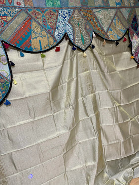 Indian Wall Decor Boho Blue Valence Toran Silver curtain, Embroidered Window Topper