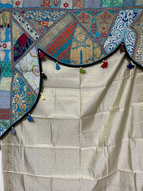 Indian Wall Decor Boho Blue Valence Toran Silver curtain, Embroidered Window Topper