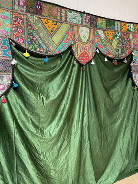 Retro Boho Toran – Embroidered Window Topper with Orange Curtains, Indian Valance Decor