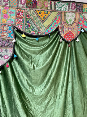 Retro Boho Toran – Embroidered Window Topper with Orange Curtains, Indian Valance Decor