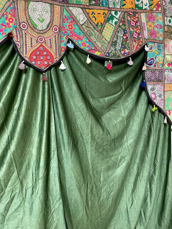 Retro Boho Toran – Embroidered Window Topper with Orange Curtains, Indian Valance Decor