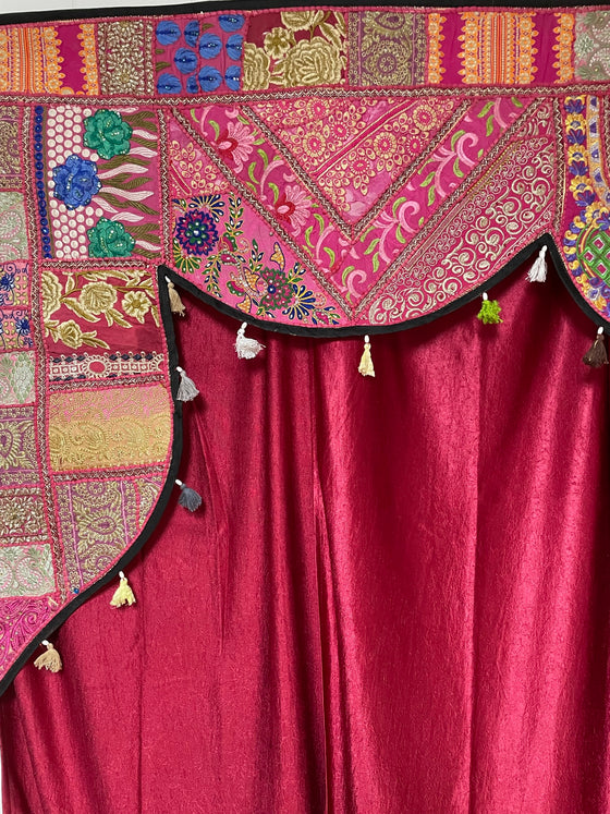 Retro Pink Embroidered Indian Toran Window Topper with Matching Curtains 