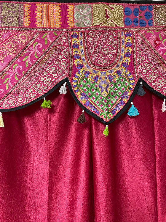 Retro Pink Embroidered Indian Toran Window Topper with Matching Curtains 