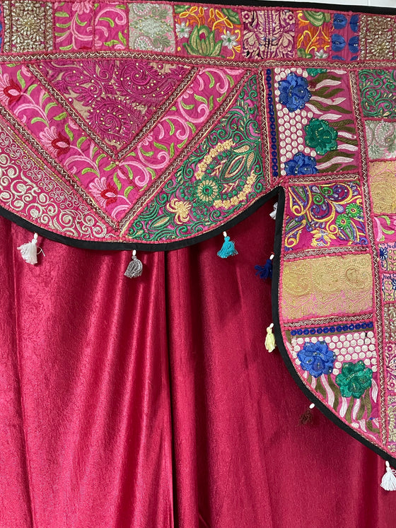 Retro Pink Embroidered Indian Toran Window Topper with Matching Curtains 