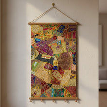  Vintage Sari Tapestry Wall Art – Yellow Pink Hand-Embroidered Boho Décor with Sequins