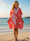 Coral Pink Cotton Embroidered Kaftan for Women – Short Kimono Beach Cover Up Caftan L-2X