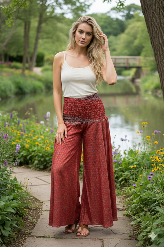 Boho-Chic Red Floral Palazzo Pants – Breezy Divided Gypsy Skirt for Women