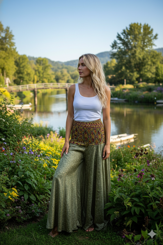 Women's Sage Green Boho Palazzo Pants – Handmade Floral Wide Leg Flowy Trousers  SM