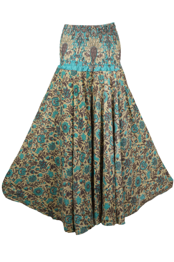 Handmade Bohemian Wide-Leg Pants – Beige & Green Flowy Divided Skirt for Women SM