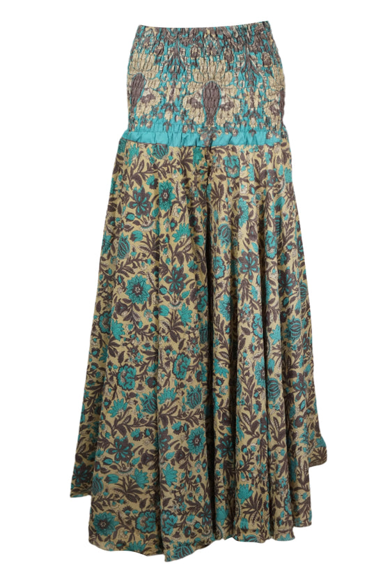 Handmade Bohemian Wide-Leg Pants – Beige & Green Flowy Divided Skirt for Women SM