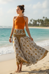 White & Orange Floral Boho Flare Pants – Handmade Flowing Split Skirt Trousers SM