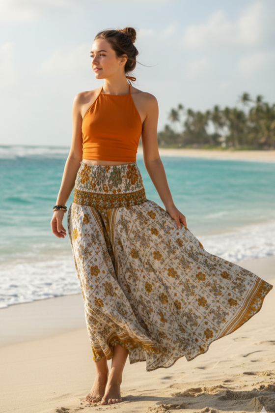 White & Orange Floral Boho Flare Pants – Handmade Flowing Split Skirt Trousers SM