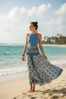  Women Blue Gray Floral Boho Flare Pants – Handmade Flowing Split Skirt Trousers SM