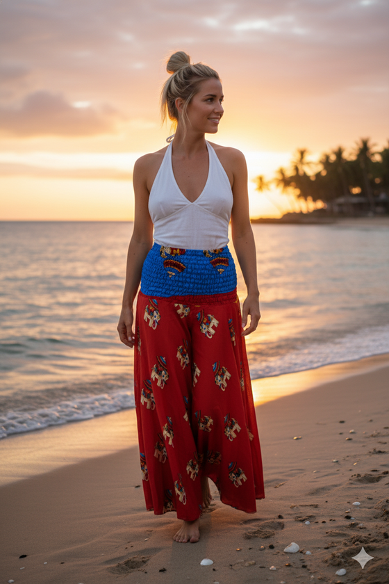  Red Boho Palazzo Pants – Flowy Wide-Leg Trousers with Elephant & Floral Print for Women SM