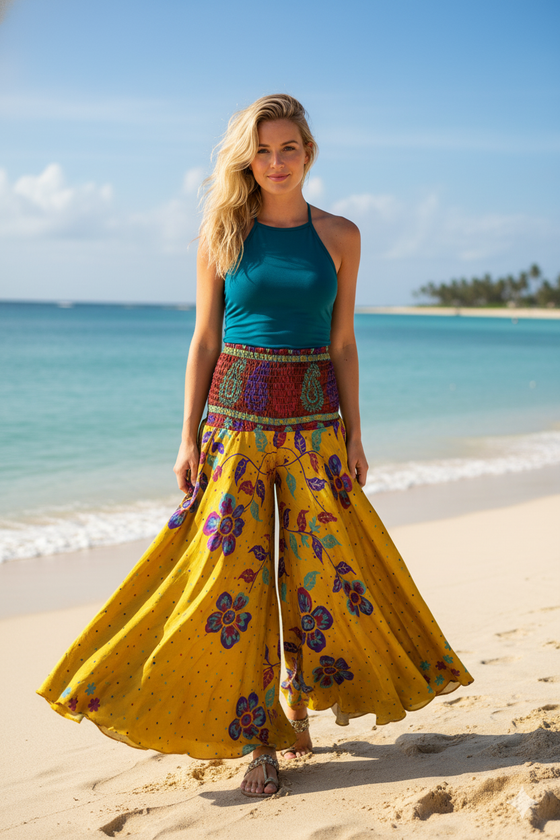 Golden Medallion Boho Palazzo Pants – Handmade Flowy Wide-Leg Divided Skirt SM