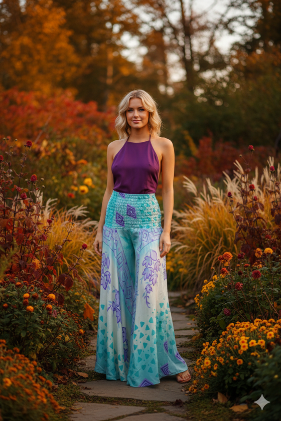 Bohemian Sky Blue & Purple Floral Palazzo Pants – Spring Chic Wide-Leg Pants for Women  SM