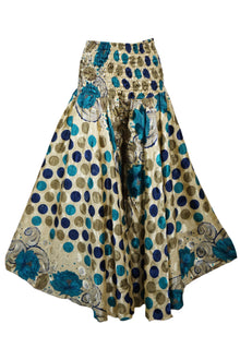 Handmade Bohemian Beige & Blue Dot Print Wide-Leg Pants – Flowy Split Skirt Elegance SM