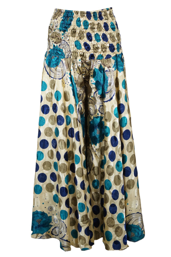 Handmade Bohemian Beige & Blue Dot Print Wide-Leg Pants – Flowy Split Palazzo Skirt SM