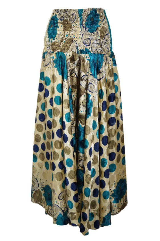 Handmade Bohemian Beige & Blue Dot Print Wide-Leg Pants – Flowy Split Palazzo Skirt SM